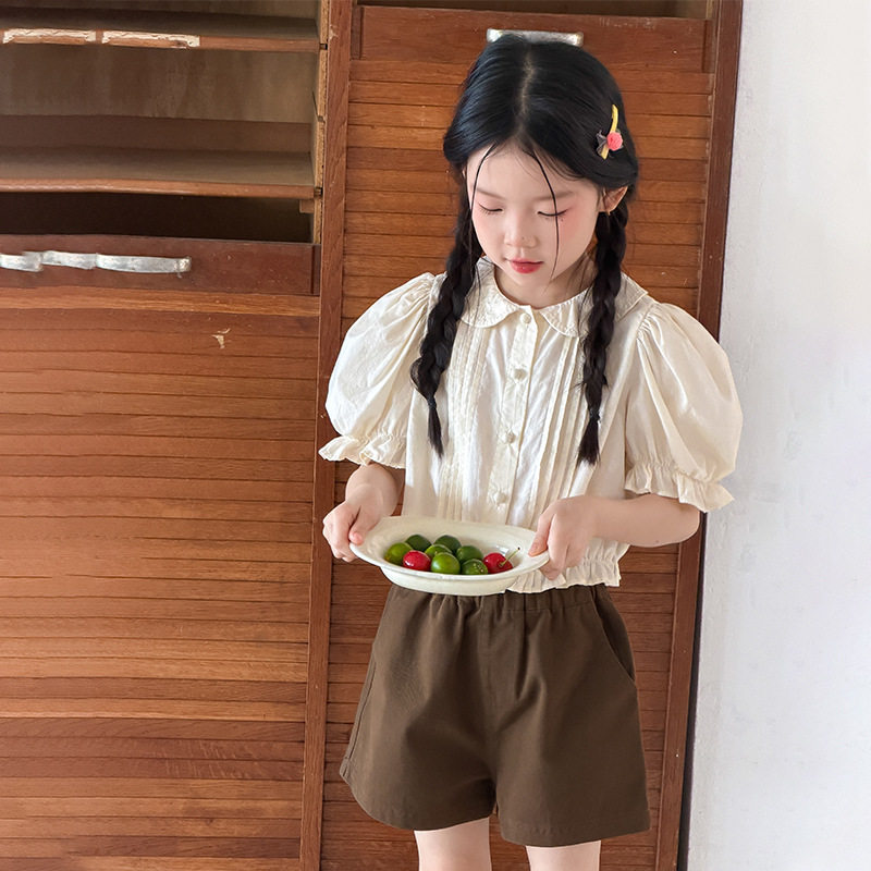 韩系夏装女童森系可爱短款打揽花边泡泡袖娃娃领衬衫全棉透气上衣