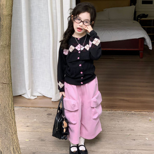 小众设计菱形格纹短款开衫+吊带衫针织两件套2026春夏新款女童潮