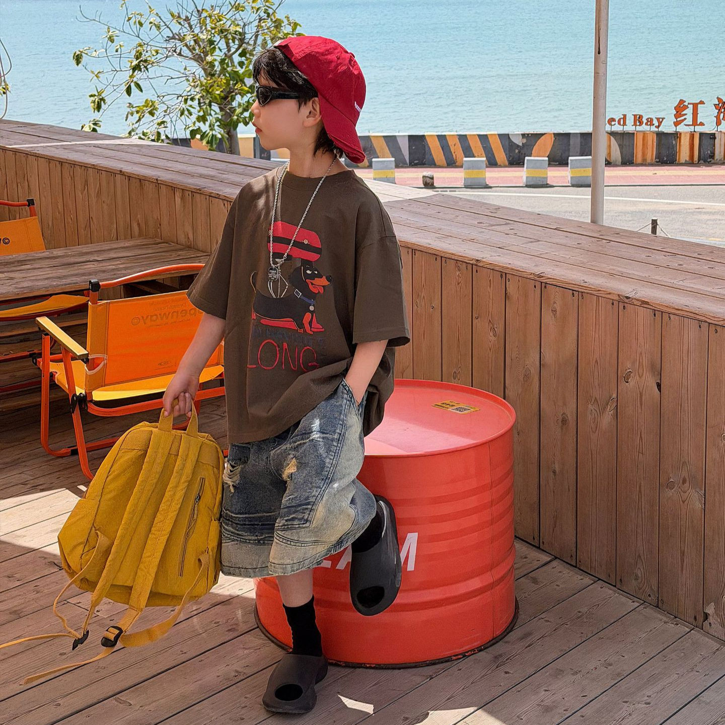 韩系 2026夏季新款韩版儿童腊肠狗印花纯棉T恤男童休闲短袖上衣潮