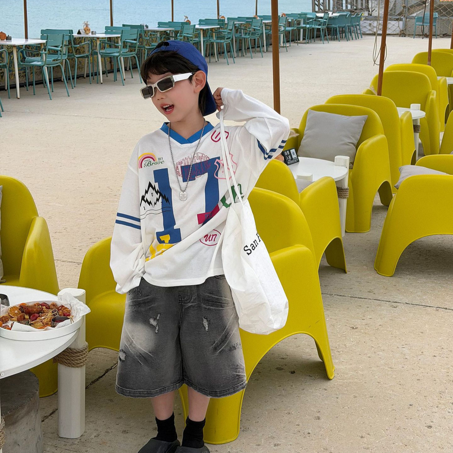 韩系 2026夏季新款韩版儿童字母舒适透气长袖防晒T恤男童美式上衣