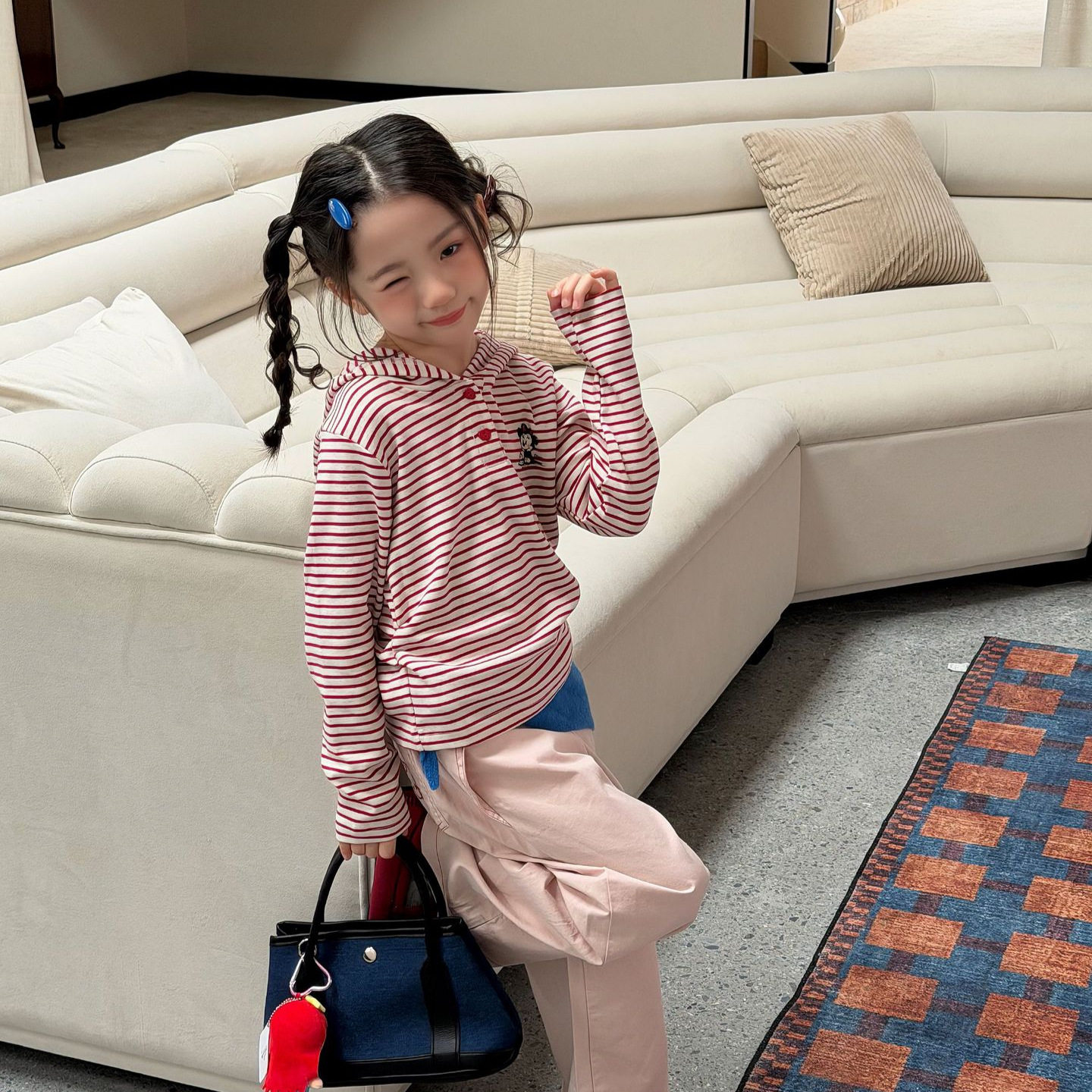 韩系女童2026秋季新款韩版连帽polo衫卫衣儿童条纹上衣帽衫打底衫