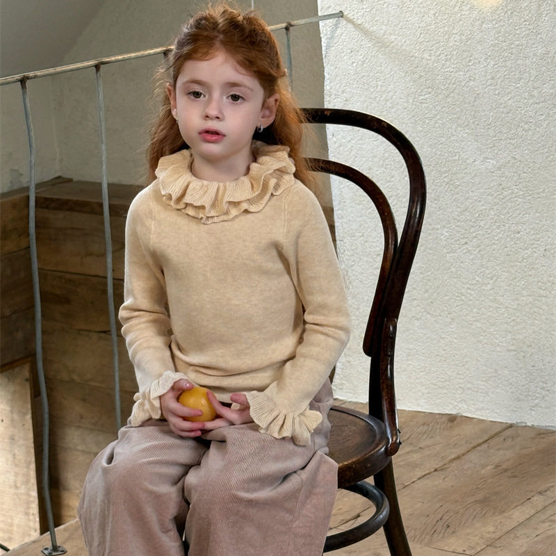 韩系洋气25冬 女童百搭荷叶领打底衫针织毛衣 女童气质修身半高领