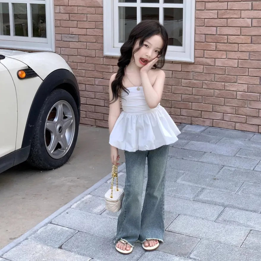 女童抹胸2025夏季新款韩版设计感抹胸背心甜美荷叶边裙摆上衣辣妹