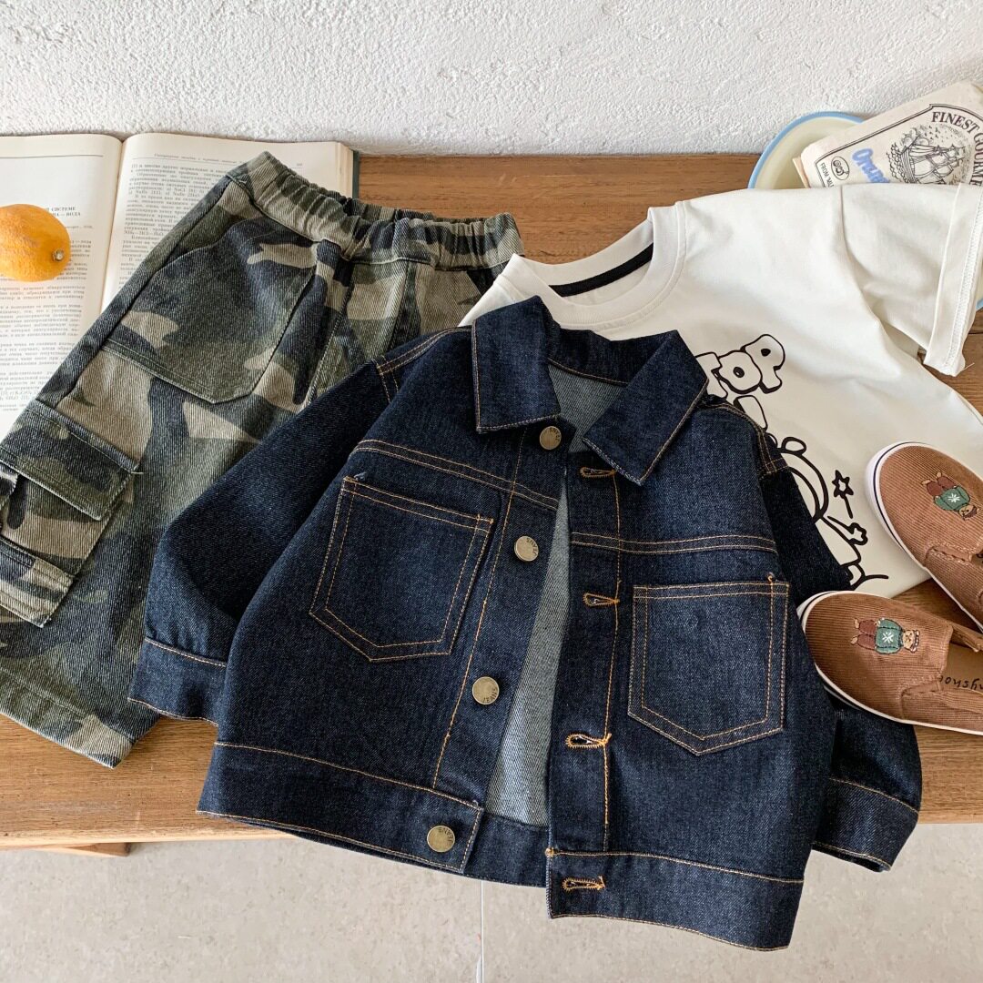 儿童牛仔外套男童春装新款翻领夹克复古宽松上衣宝宝韩版机车外套