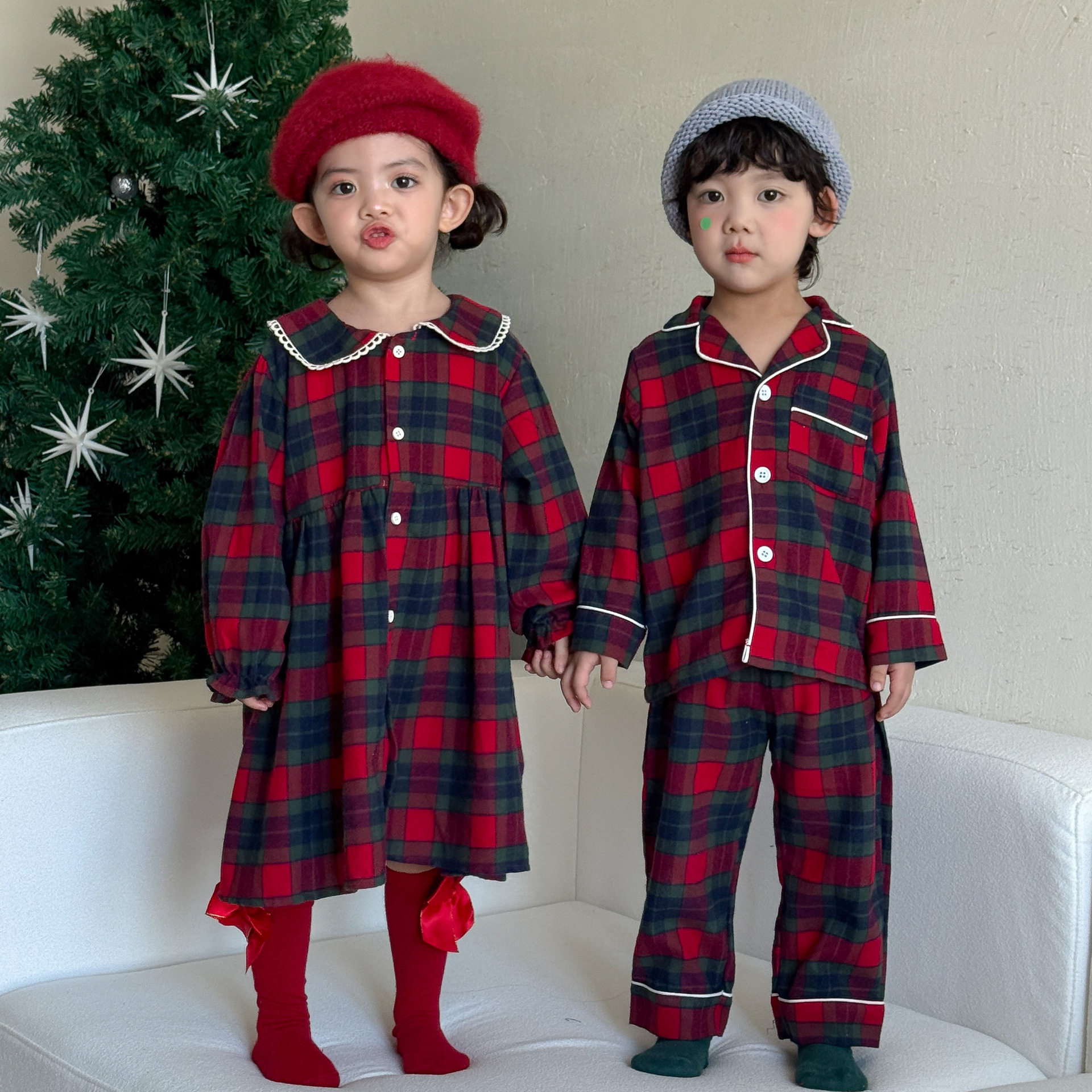 圣诞格子兄妹装儿童睡衣纯棉男童家居服套装女童连衣裙春秋季宝宝