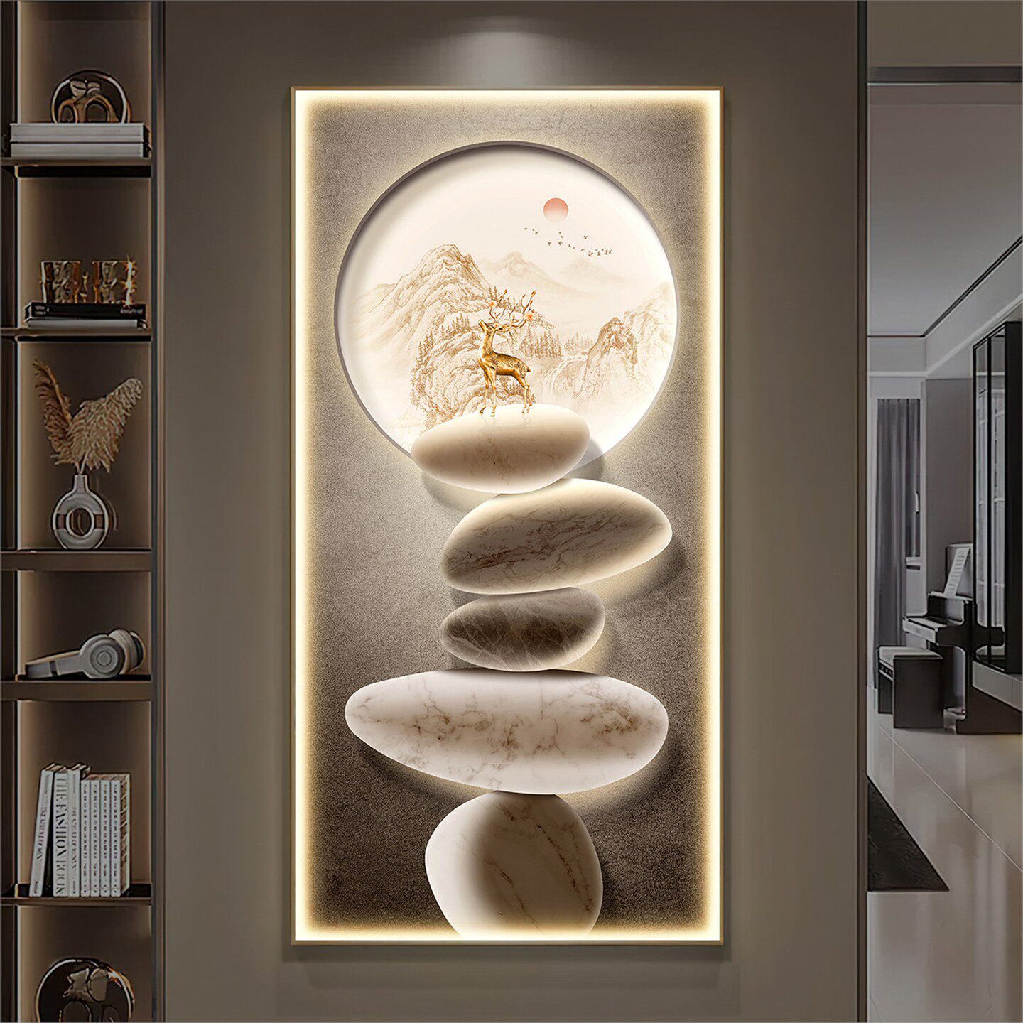 石转运来现代轻奢玄关装饰画福鹿寓意好壁画高档客厅走廊过道挂画