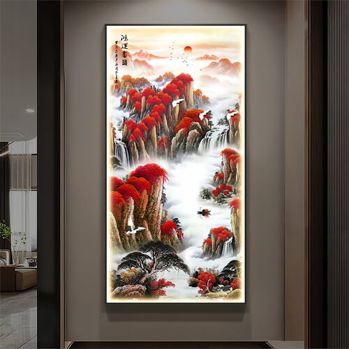 鸿运当头国画玄关装饰画镶钻带灯走廊过道山水画竖版挂画墙壁画