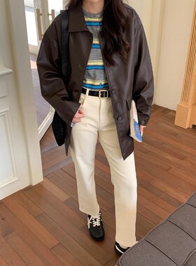 Chic Studio 甜酷风少女 复古廓形拼接条纹袖皮衣外套