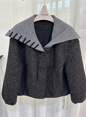 26YZW-A002时尚毛呢外套女短款气质上衣拼接显瘦2026春季专柜同款