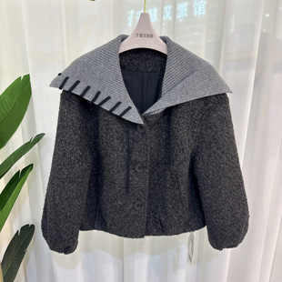 26YZW-A002时尚毛呢外套女短款气质上衣拼接显瘦2026春季专柜同款