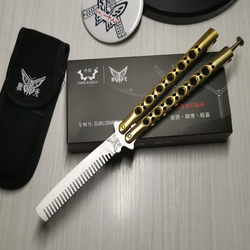 一个人玩花式 极光轴承铆钉固定黄金梳子 非蝴蝶刀