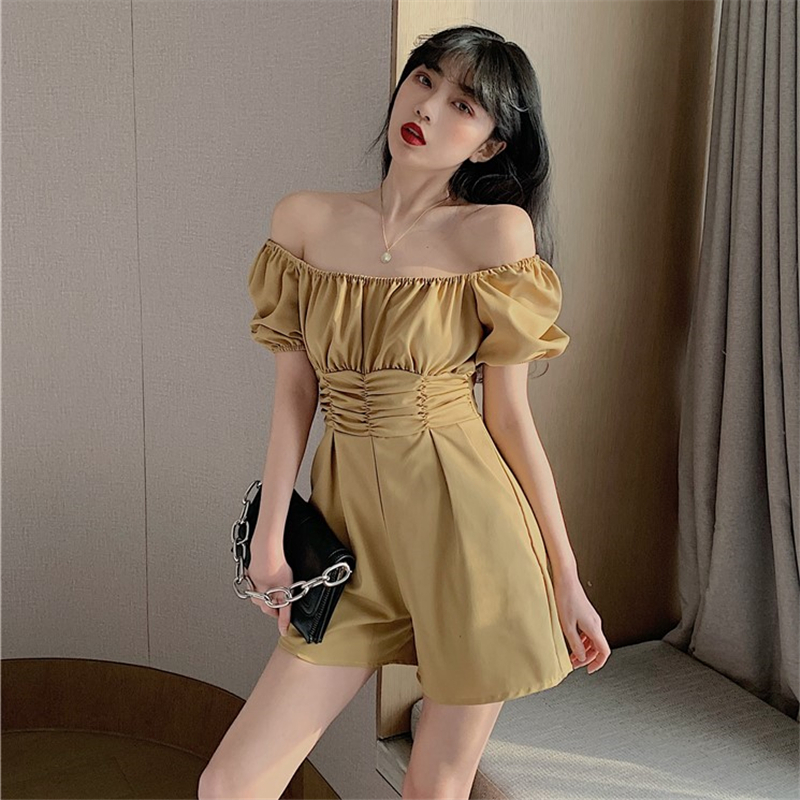 Real shot real price high waist pleated wide leg short with bubble sleeve close waist off shoulder Jumpsuit