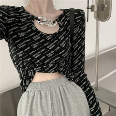 1700 ා real price retro metal chain round neck hollow letter printed T-shirt with long sleeve and slim bottom