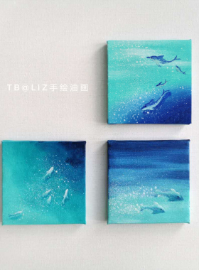 手绘迷你油画原创鲸鱼风景