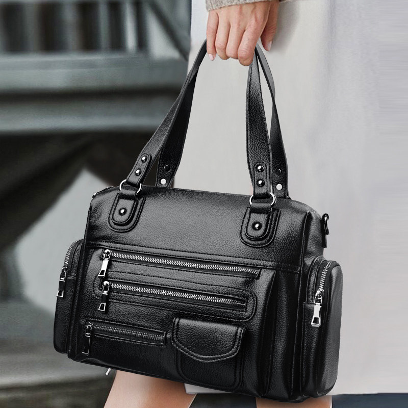 真皮质感女包大容量多口袋机车包单肩斜挎手提包百搭通勤托特包