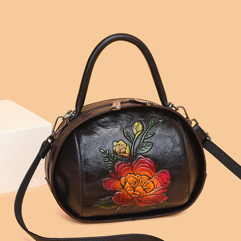 品牌软皮中国风彩绘花朵手提包女2025新款时尚妈妈单肩斜挎手机包