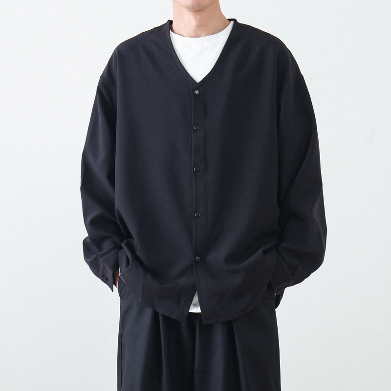 春季日系复古垂感长袖衬衫男宽松高级感V领纯色衬衣外套潮牌夹克