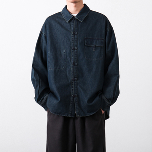 牛仔衬衫 日系复古水洗做旧蓝色长袖 男宽松中国风盘扣痞帅衬衣外套