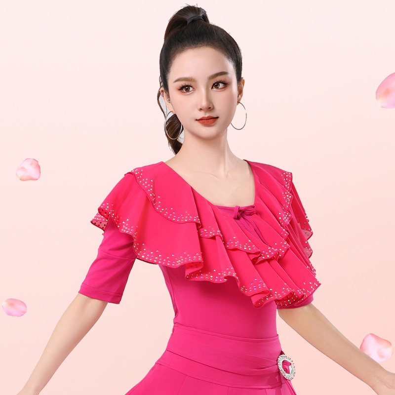 镶钻点帕斯舞蹈服交谊舞双人舞演出服伦巴上衣广场舞服装女中袖