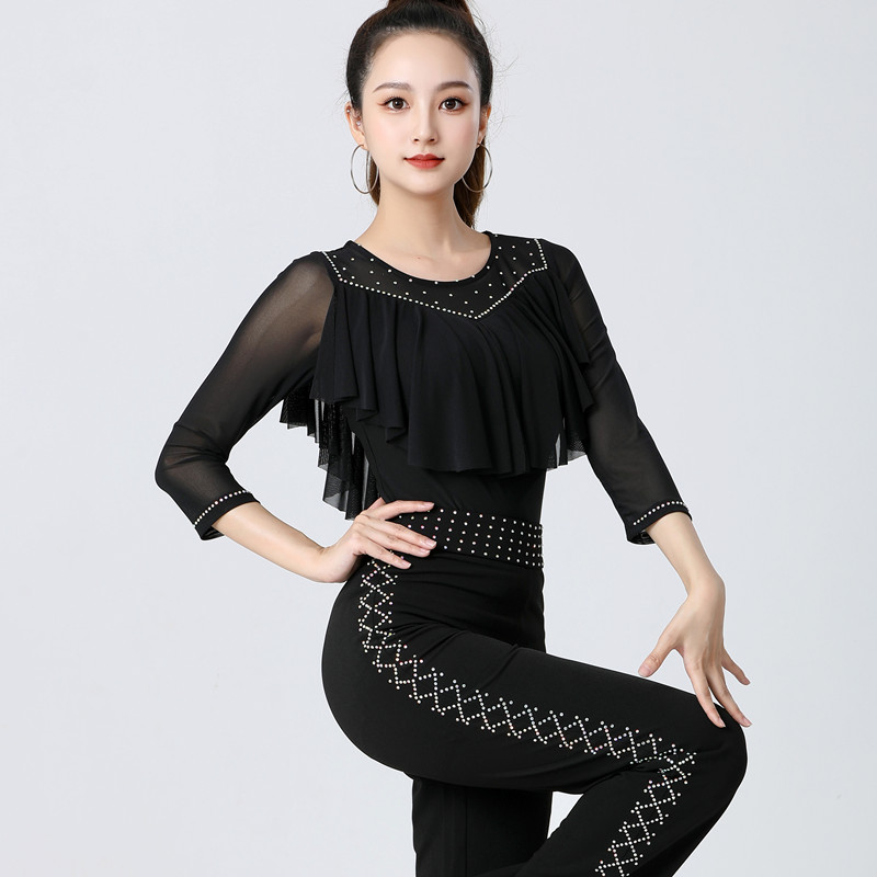 新款舞蹈服女长袖网纱演出服三步踩交谊舞跳舞衣吉特巴广场舞服装