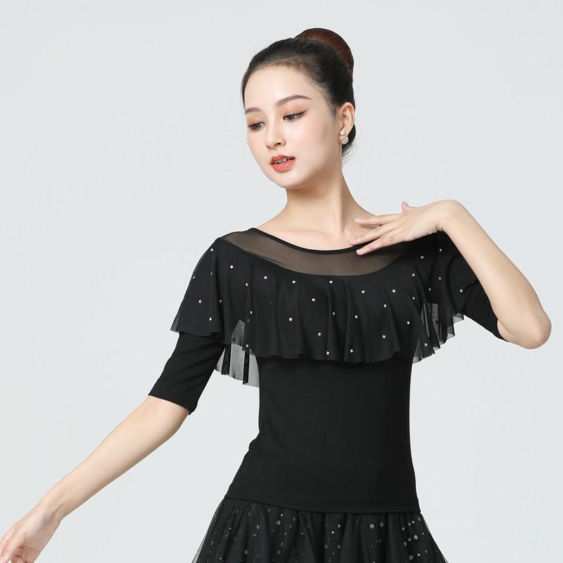 莫代尔烫钻长袖中袖交谊舞女伦巴舞上衣广场舞服装荷叶边舞蹈服女