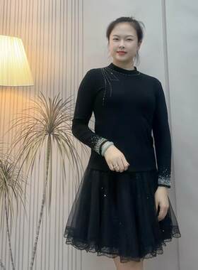 镶钻新款加绒弹力广场舞服装上衣秋冬季女长袖交谊舞半高领舞蹈服