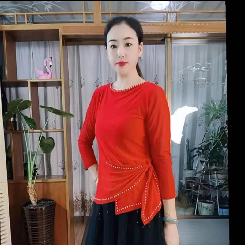 不规则上衣秋季舞蹈服广场舞服装烫钻交谊舞跳舞衣女三步踩新款红