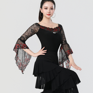 新款舞蹈服长袖蕾丝衫新款舞蹈服时尚摩登舞拉丁舞服交谊舞上衣女