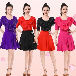 荷叶边镶钻舞蹈服交谊舞双人舞演出服三步踩上衣广场舞服装女中袖