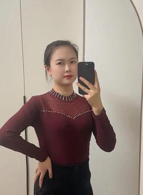 镶钻打底衫女冬加绒伦巴上衣吉特巴舞蹈服交谊舞演出服广场舞服装