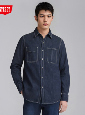 第五街5th street春秋男装时尚复古宽松长袖牛仔衬衫630801-243