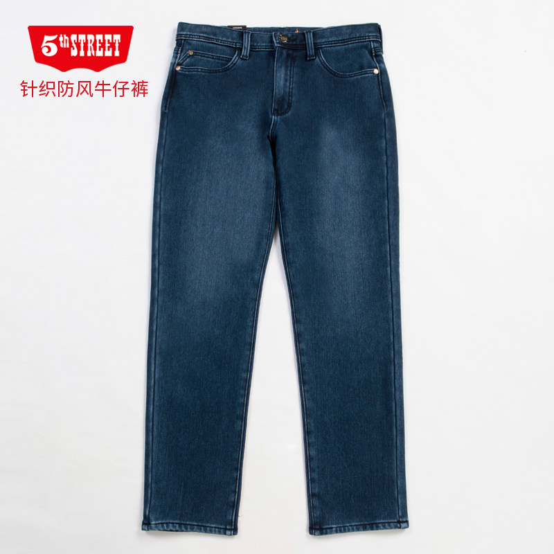 第五街冬季男装针织防风加绒显瘦小直筒保暖牛仔裤114832-204M0