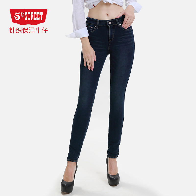 第五街冬加厚针织保温女中腰修身显瘦铅笔加绒弹力牛仔裤54614446