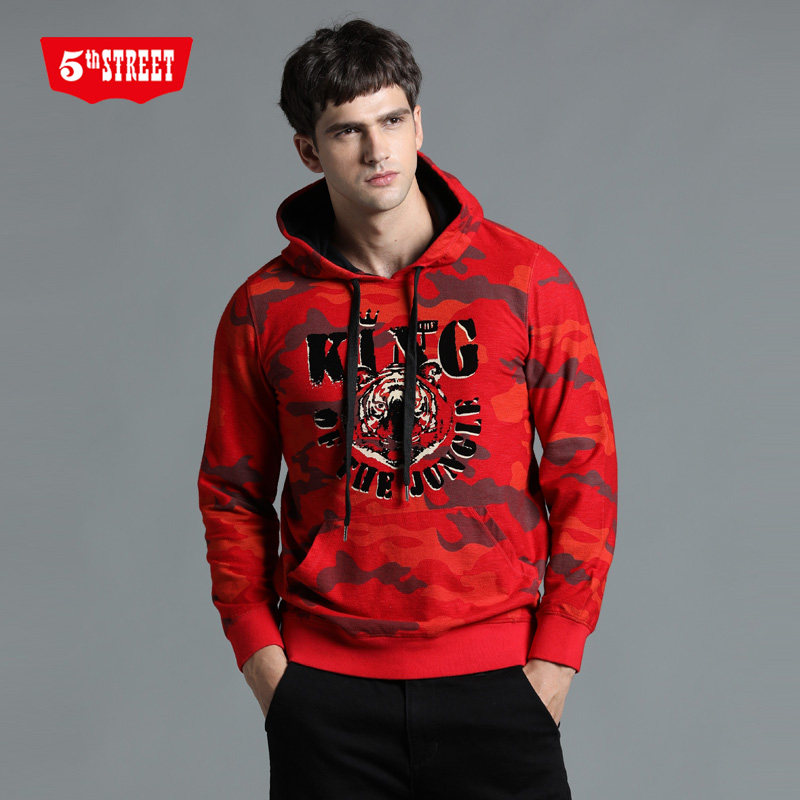 第五街秋冬新款男装修身迷彩印花连帽长袖男卫衣660505-193A0