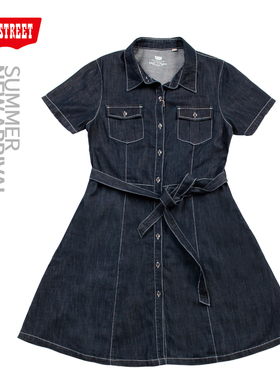 第五街5th street女装短袖中长裙收腰显瘦牛仔连衣裙188002-222A0