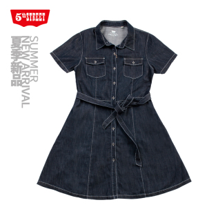 第五街5th street女装短袖中长裙收腰显瘦牛仔连衣裙188002-222A0