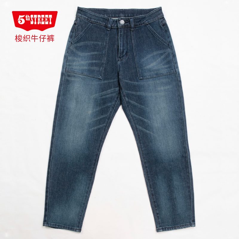 第五街长裤春秋猫须锥形牛仔裤