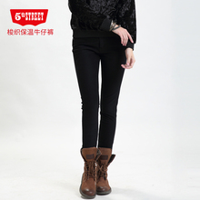 第五街冬修身小直筒保温裤女中腰加绒加厚防风牛仔裤614982-174