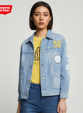 第五街5th street潮流时尚字母印花宽松女装牛仔夹克350306-223
