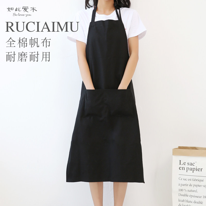 加长围裙全棉黑色帆布儿童画画陶艺奶茶花店厨房烘焙定制logo印字