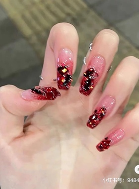 红色闪粉穿戴可拆卸美甲梯形假指甲贴片新娘甲片Press on nails