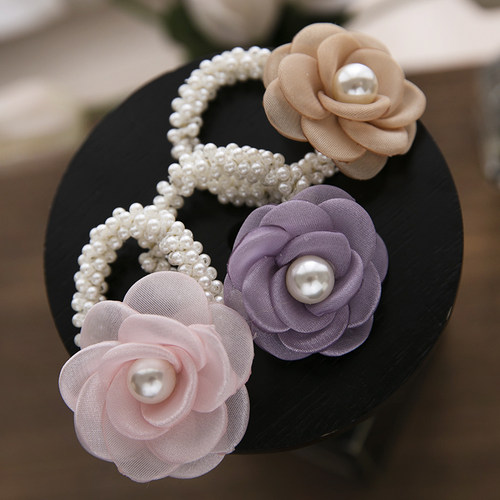 韩版女童布艺小花珍珠皮套发圈