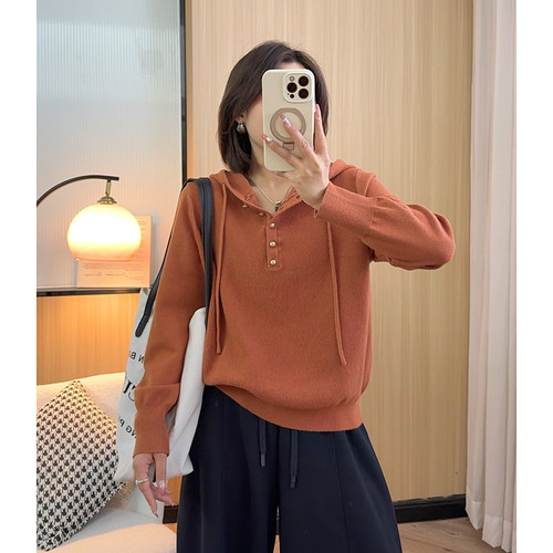 春恋】竖坑条抽绳连帽针织衫外套女早春新款宽松显瘦套头百搭上衣