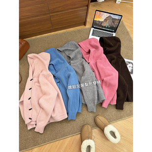 【约克压园】韩版牛角扣慵懒风连帽针织开衫毛衣外套女