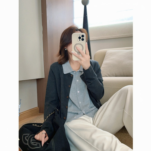 知遇之秋~韩系气质显瘦休闲百搭翻领撞色假两件针织开衫女早秋