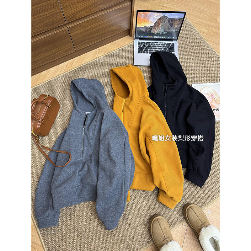 【暖冬】韩系时尚百搭加绒加厚半拉链连帽卫衣宽松显瘦上衣女冬