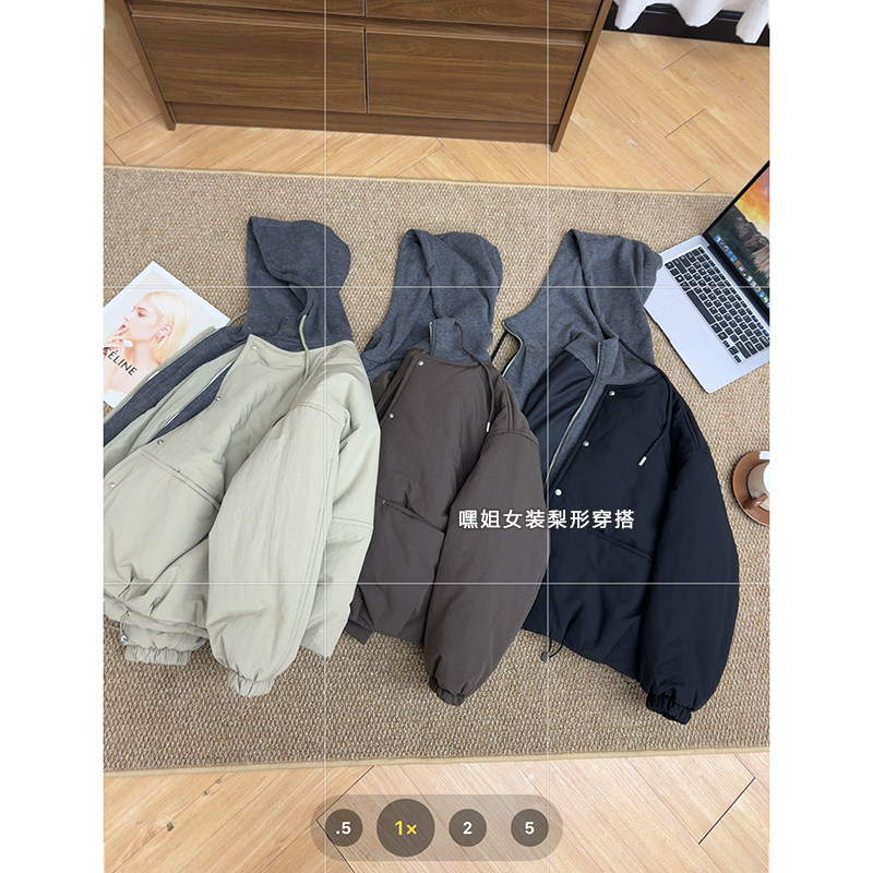 梦中情衣】韩系设计感假两件连帽加厚保暖棉服宽松休闲百搭棉衣女