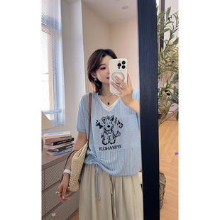 HJ | “柠夏”韩系减龄抽绳假两件针织短袖T恤女百搭洋气上衣夏