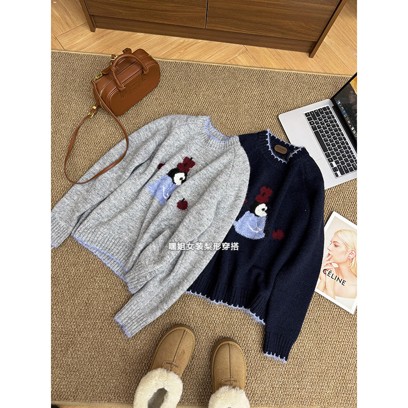 冬日氛围感】奶fufu~韩系简约卡通企鹅加厚保暖针织毛衣长袖女冬