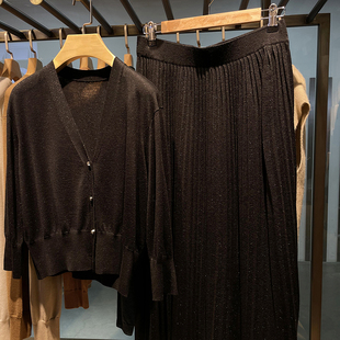 黑色开衫 cicidream 细精纺羊毛200D金银丝 口 百褶半身裙 进